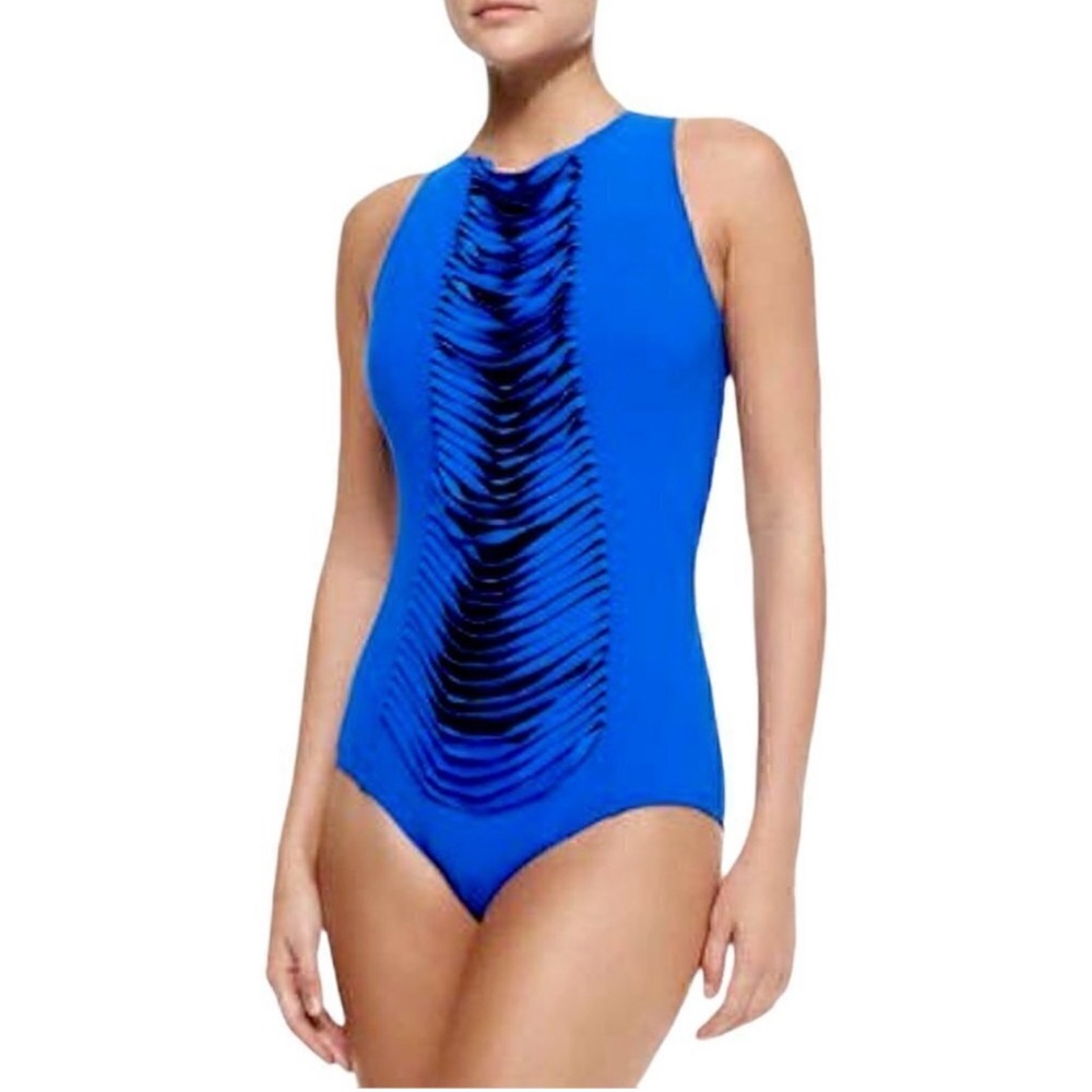 KARLA COLLETTO High Neck Drape Fringe Cut One Piece Swimsuit - 12